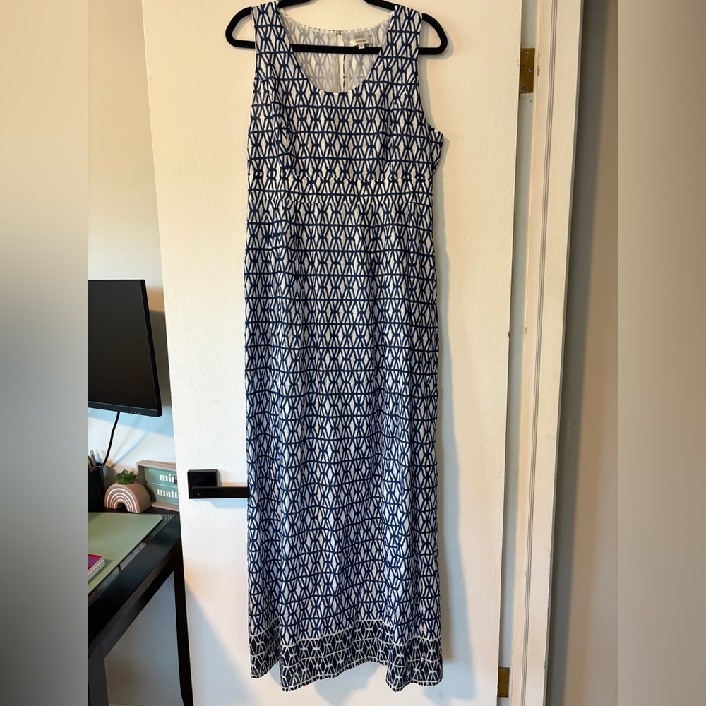 Tyler Boe Maxi Dress with Pockets Womens Size 8 Blue White Geometric Sleeveless